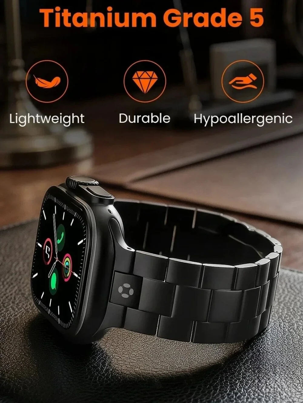 Finestone CRNS03 Titanium Apple Watchband With Butterfly Clasp, Black